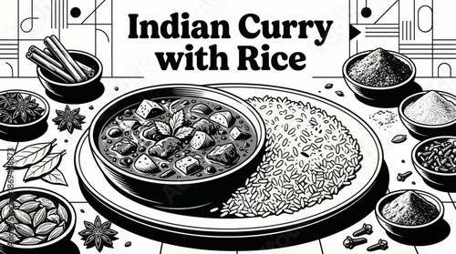 Indian curry served with rice and spices Black and white vector illustration, designed in clean outline style for menu and editorial use	