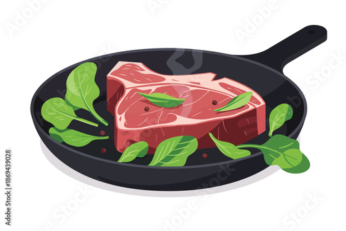 T-bone steak in a frying pan with greens isolated illustration