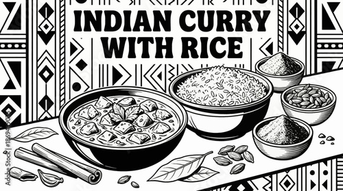 Indian curry served with rice and spices Black and white vector illustration, designed in clean outline style for menu and editorial use	