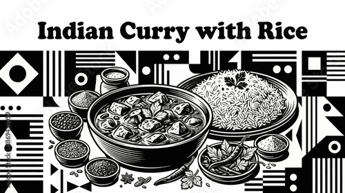 Indian curry served with rice and spices Black and white vector illustration, designed in clean outline style for menu and editorial use	