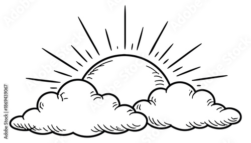 Hand drawn line art illustration of a rising sun and clouds depicting a new day for weather forecasts and nature themes