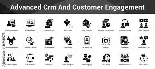 Advanced Crm And Customer Engagement Cohesive set of minimalist vector icons representing key ideas with visual clarity