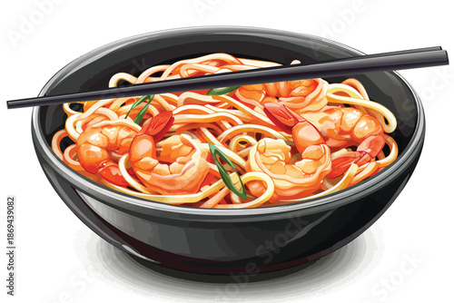 Traditional asian udon stir-fry noodles with shrimp i isolated illustration