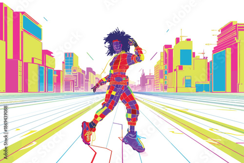 Urban Dancer in a Neon-Lit Futuristic Street isolated illustration