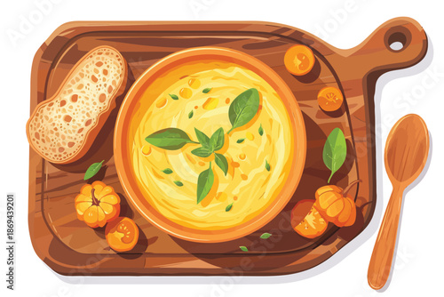yellow pumpkin soup served in bowl with bread laid ne isolated illustration