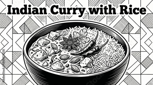 Indian curry served with rice and spices Black and white vector illustration, designed in clean outline style for menu and editorial use	