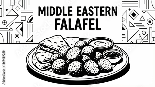 falafel balls served with pita and sauce Monochrome vector illustration, representing popular Middle Eastern and Asian street cuisine