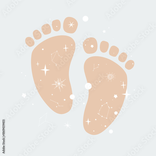 Scandinavian boho baby feet with space symbols. Baby footprints with galaxy stars imprints. Neutral beige pastel colors. Hand drawn isolated vector element for nursery decoration.