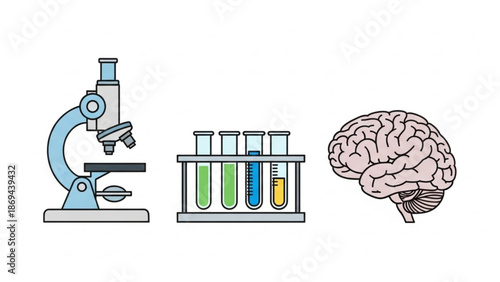 Colorful illustration of microscope test tubes and human brain for science education and research