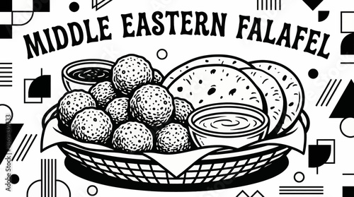falafel balls served with pita and sauce Monochrome vector illustration, representing popular Middle Eastern and Asian street cuisine