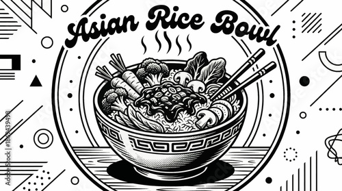 Asian rice bowl topped with vegetables and sauce Black and white vector illustration, suitable for modern fusion food branding