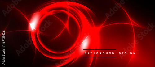 Red abstract lines form circular shapes. Dark background enhances glowing effect. Modern design element for banners, presentations.