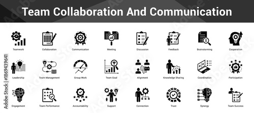 Team Collaboration And Communication Cohesive set of minimalist vector icons representing key ideas with visual clarity