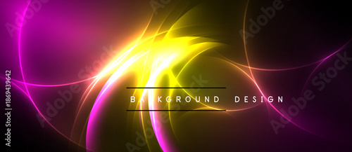 Abstract vibrant design. Swirling lines, pink, yellow hues create dynamic energy. Dark background emphasizes bright illumination.