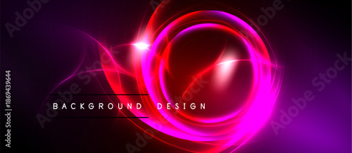 Abstract neon lights form circular shapes. Vibrant pinks, reds dominate dark background. Modern design element for digital projects.