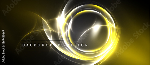 Abstract golden lines form circular shapes. Dark background enhances glowing effect. Modern design element for digital projects.