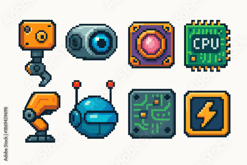 Retro pixel art robotic icons collection featuring circuit and cpu designs