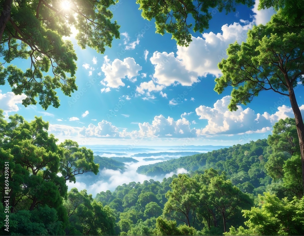 Fototapeta premium Lush, sunny rainforest vista; canopy of green, fluffy clouds, bright blue sky
