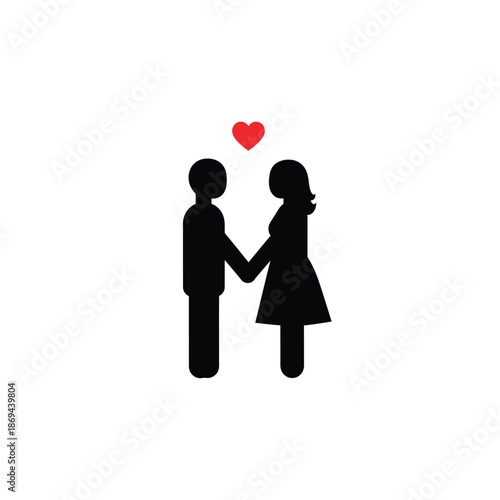 Romantic Couple Silhouette Holding Hands with Red Heart Icon