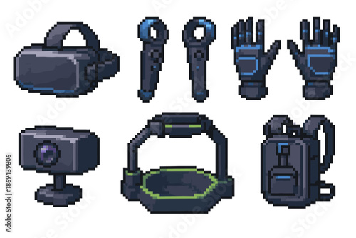 Virtual reality accessories set: pixel art headset, controllers, gloves, backpack