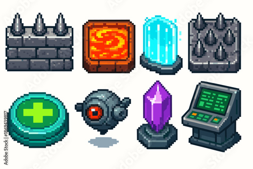 Pixel art game elements: spiked wall, lava block, portal, spiked trap, health button, eye drone, crystal, control panel