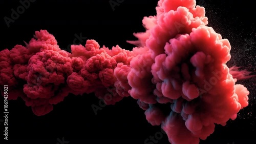 暗い背景で赤い煙雲と粉末が横方向に拡散する情景