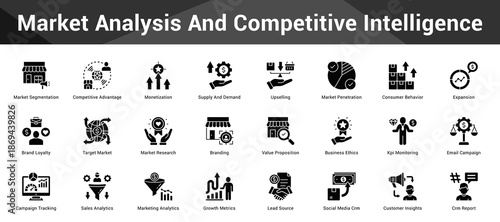 Market Analysis And Competitive Intelligence Cohesive set of minimalist vector icons representing key ideas with visual clarity