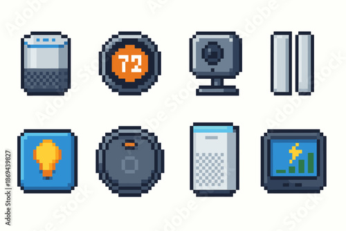 Pixel art smart home devices: camera, thermostat, vacuum, air purifier, smart speaker, lightbulb icon