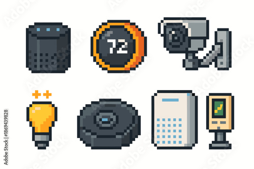 Pixel art smart home devices: thermostat, camera, speaker, robot vacuum, light, intercom