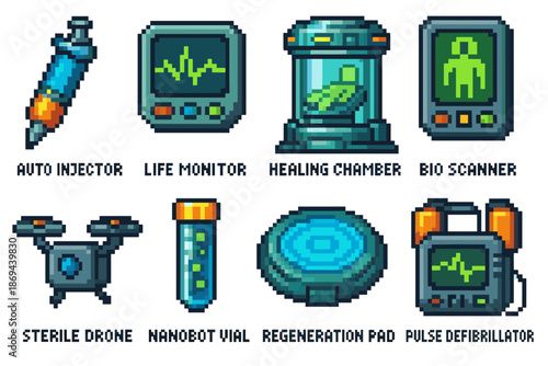 Pixel art sci-fi medical devices set with healing chamber, bio scanner, auto injector