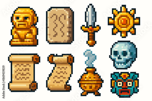 Collection of pixel art icons featuring statues, weapons, and ancient items