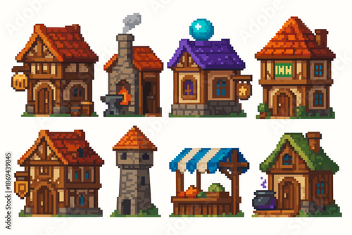 Charming pixel art medieval village buildings with market stall and forge