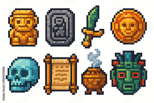 Pixel art: ancient artifacts collection with iconic symbols