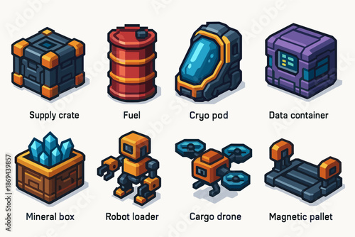 Futuristic game icons: supply crate, fuel, cryo pod, data container, and more