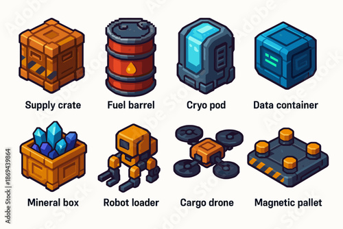 Collection of futuristic sci-fi equipment icons: crates, pods, drones, and more