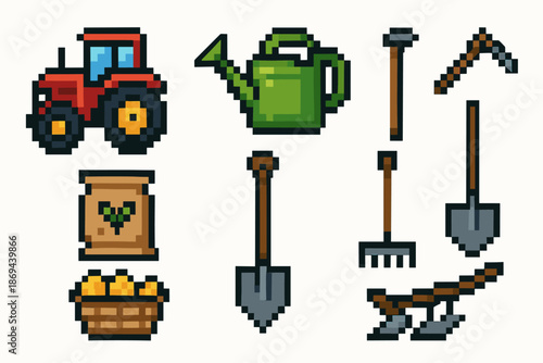 Pixel art farming tools: tractor, watering can, shovel, rake, and more