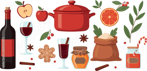 Mulled wine ingredients set with red wine bottle, spices, apple, orange and winter festive treats isolated on white background.