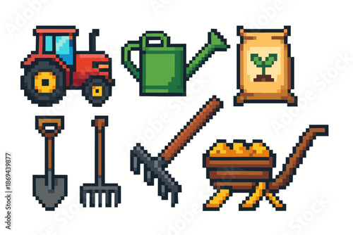 Pixel art gardening tools and red tractor with rake, watering can, and wheelbarrow