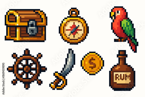 Pixel art pirate icons: treasure chest, compass, parrot, helm, sword, coin, rum