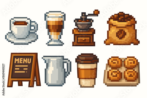 Pixel art coffee icons: cups, grinder, beans, menu, pitcher, cinnamon rolls