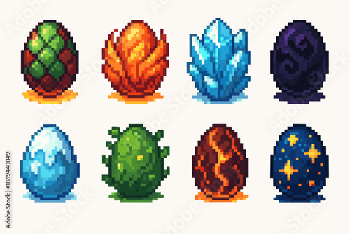 Colorful fantasy pixel art eggs: set of eight unique designs