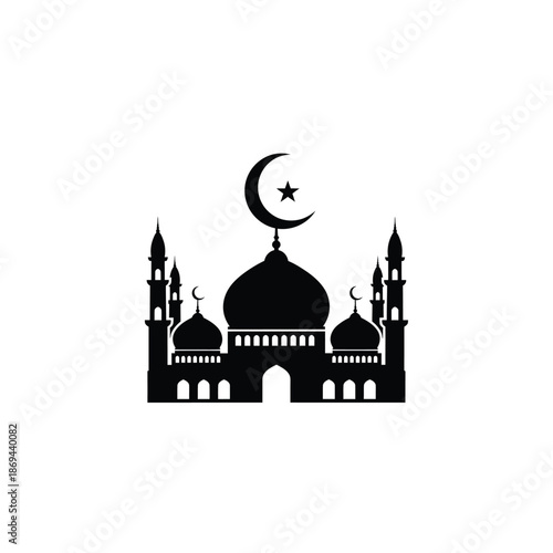 Islamic mosque building silhouette with dome and minarets under crescent moon and star - Ramadan Kareem and Eid Mubarak celebration concept
