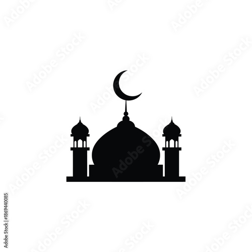 Islamic mosque silhouette with crescent moon and minarets isolated on white background for Ramadan and Eid Mubarak celebration