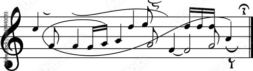 Musical notes and melody on staff line, black vector illustration of classical music symbols and composition