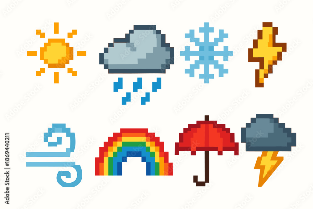 Obraz premium Colorful pixel art weather icons: sun, cloud, snowflake, lightning, wind, rainbow, umbrella