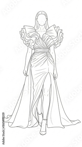 Elegant Fashion Model Line Art in Ruffled Evening Gown