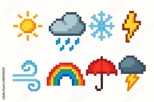 Colorful pixel art weather icons: sun, cloud, snowflake, lightning, wind, rainbow, umbrella