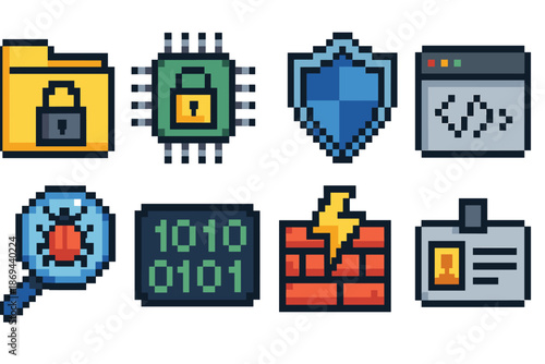 Pixel art icons: cybersecurity elements with lock, firewall, shield, code, badge