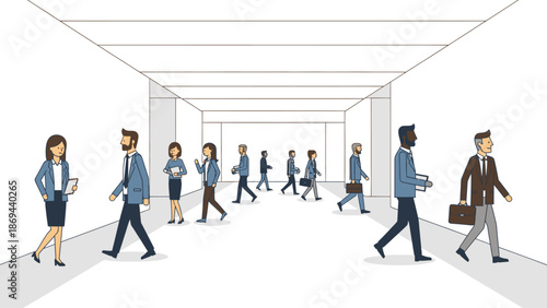 People walking in a modern indoor corridor with a minimalist design.