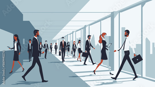 Busy office corridor with diverse business professionals walking and interacting.